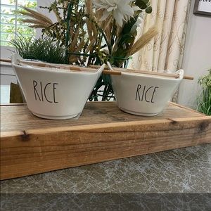 Rae Dunn Two White Rice Bowls with Chopsticks NEW